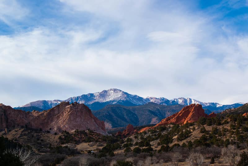 Pikes Peak and red rock ridges west of Colorado Springs